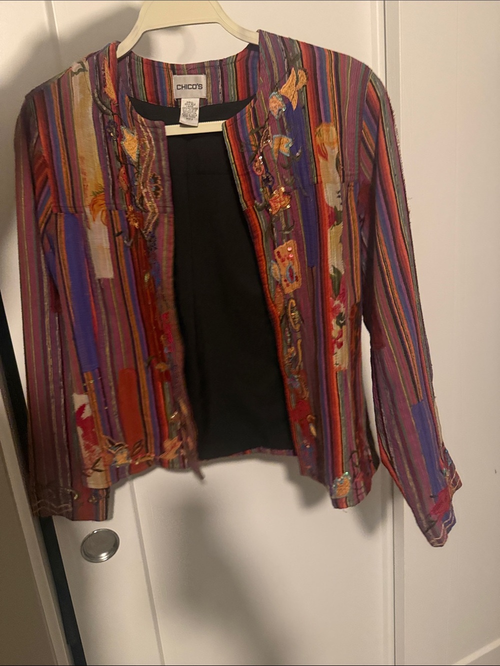 Chico's Multicolor Striped Embroidered Open-Front Jacket